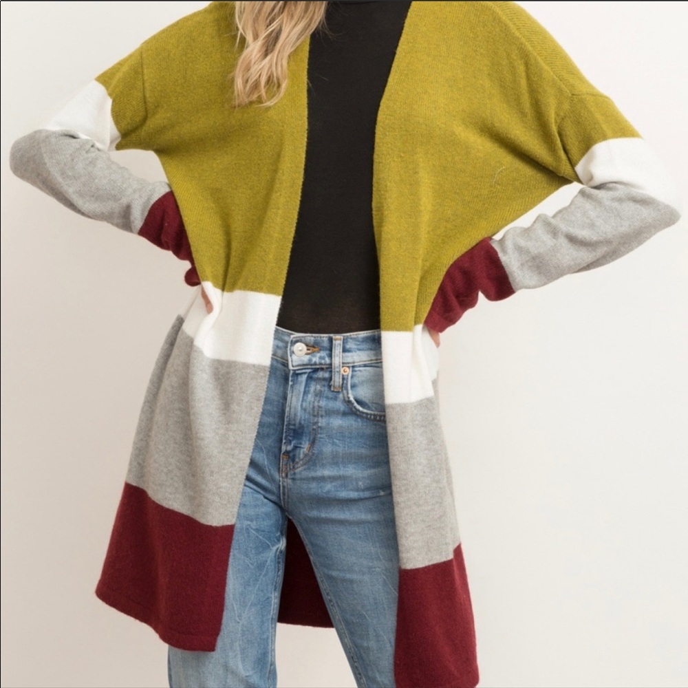 Long Sleeve Color Block Long Cardigan